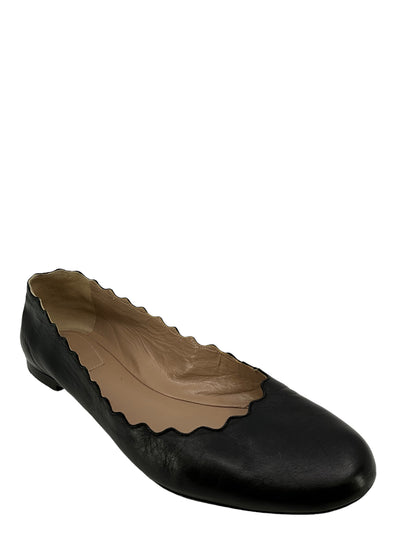 Chloe Lauren Scalloped Black Leather Flats-Replica Designer Handbag Store
