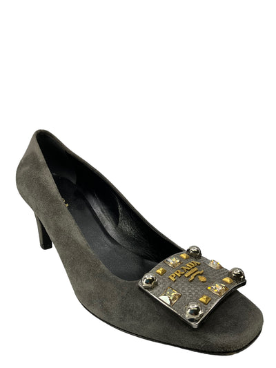 Prada Gray Suede Embellished Pumps Size 9-Replica Designer Handbag Store
