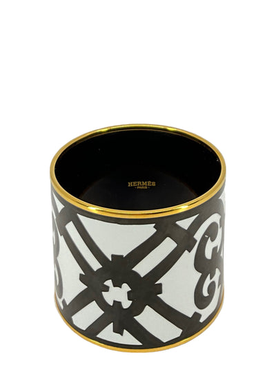 Hermes Monochrome Printed Enamel Gold Plated Extra Wide Bangle Bracelet-Replica Designer Handbag Store
