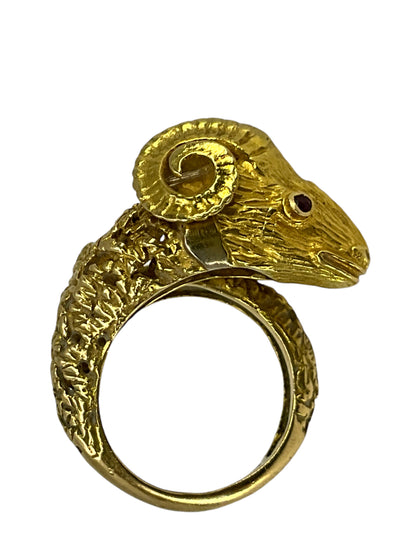 Ilias Lalaounis Greece Ram Head Ruby Eyes 18k Yellow Gold Ring Size 7-Replica Designer Handbag Store
