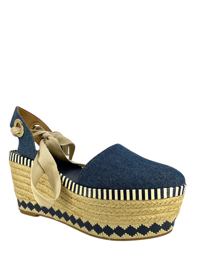 Tory Burch Denim Dandy Ankle Wrap Espadrille Wedge Sandals Size 7.5-Replica Designer Handbag Store
