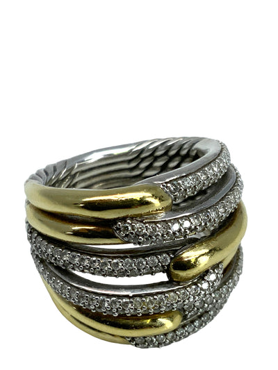 David Yurman Sterling Silver 18K Yellow Gold Diamond Triple Loop Labyrinth Ring-Replica Designer Handbag Store
