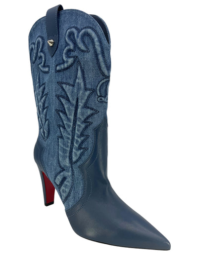 Christian Louboutin Santiabooty Embroidered Denim Western Boots Size 8 NEW-Replica Designer Handbag Store
