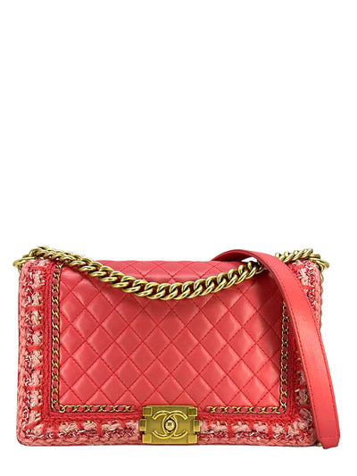 Chanel Pink Quilted Lambskin Boy Bag With Tweed Size M-Replica Designer Handbag Store
