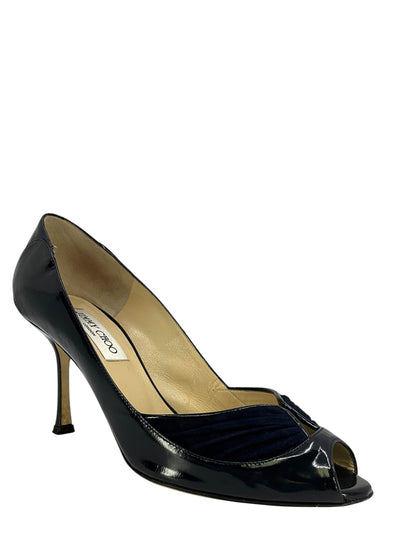 JIMMY CHOO Patent Leather Suede Trim Peep Toe Pumps Size 9.5-Replica Designer Handbag Store
