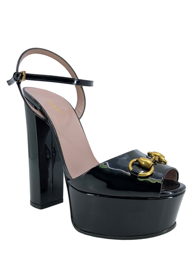 GUCCI Claudie Patent Leather Platform Horsebit Sandals Size 8-Replica Designer Handbag Store
