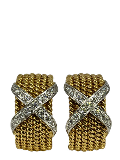 Tiffany 
Co. Schlumberger Rope Six Row X Diamond 
Platinum 18K Yellow Gold Ear Clips-Replica Designer Handbag Store
