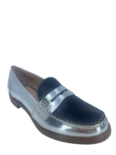 Miu Miu Metallic Silver and Black Leather Penny Loafers Size 37 IT-Replica Designer Handbag Store
