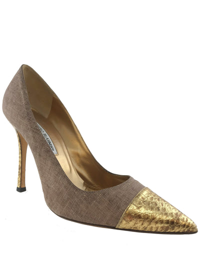 Manolo Blahnik Bipunta Embossed Linen Cap Toe Pump Size 10.5-Replica Designer Handbag Store
