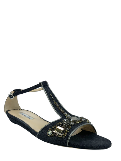 Oscar de la Renta Embellished T-Strap Flat Sandals Size 8-Replica Designer Handbag Store
