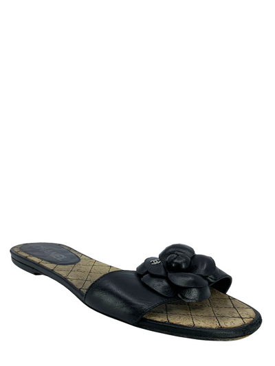 Chanel Leather Camellia Flower Flat Cork Sandals Size 7-Replica Designer Handbag Store
