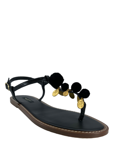 Dolce 
Gabbanna Gold Coin Pom Pom Thong Sandals Size 8.5-Replica Designer Handbag Store
