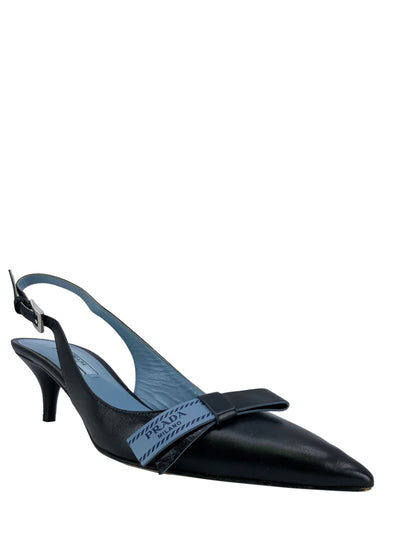 Prada Leather Logo Bow Kitten Heel Slingback Pumps Size 7.5-Replica Designer Handbag Store
