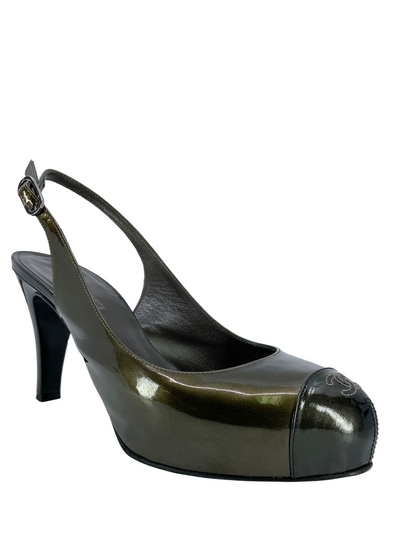 Chanel Patent Leather CC Logo Cap Toe Slingback Pumps Size 9-Replica Designer Handbag Store
