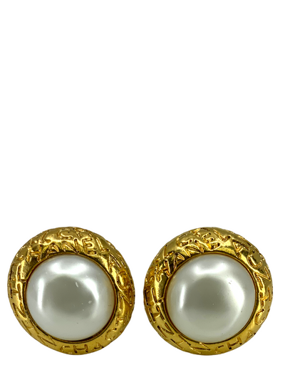 Chanel Vintage Gold Logo Pearl Clip-On Earrings-Replica Designer Handbag Store
