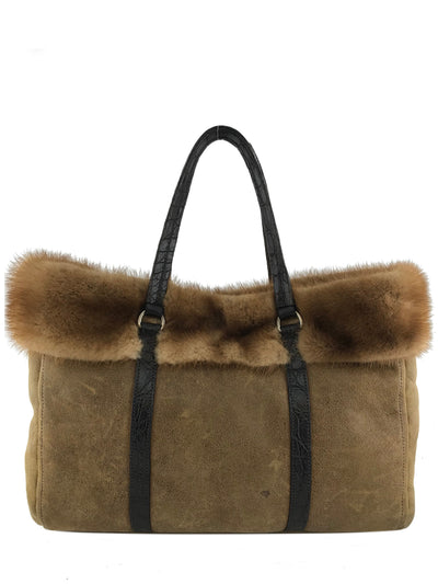 Prada Distressed Leather Mink Fur Shopping Tote Bag-Replica Designer Handbag Store
